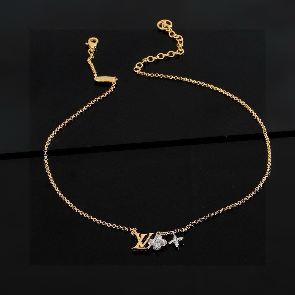Louis Vuitton Gold Chain Necklace with 'LV' and Flower Design Louis Vuitton Gold Chain Necklace with 'LV' and Flower Design